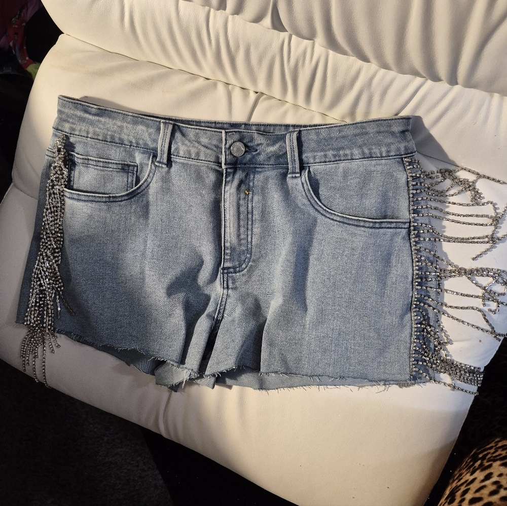 Denim Rhinestone Fringe Women's Shorts Size 30/ Medium